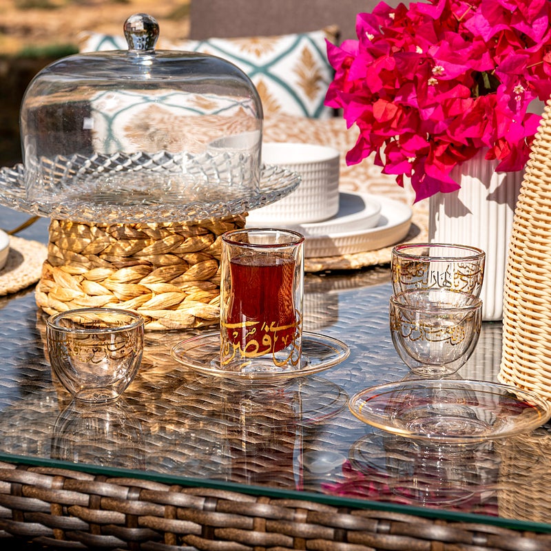 طقم شاي وقهوة 18 قطعة بطبقة مزدوجة,  تصميم الخط العربي لون ذهبي - Image 5