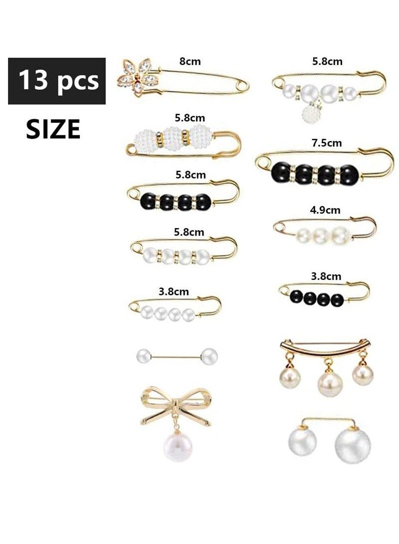 13 Pcs Pearl Brooch Pins,Fashion Sweater Shawl Clips Muslim Scarf Hijab Pins,Faux Pearl Collar Waist Pants Safety Pin for Women Girls,Neckline Pins Clothing Dresses Decoration Accessories - Image 2