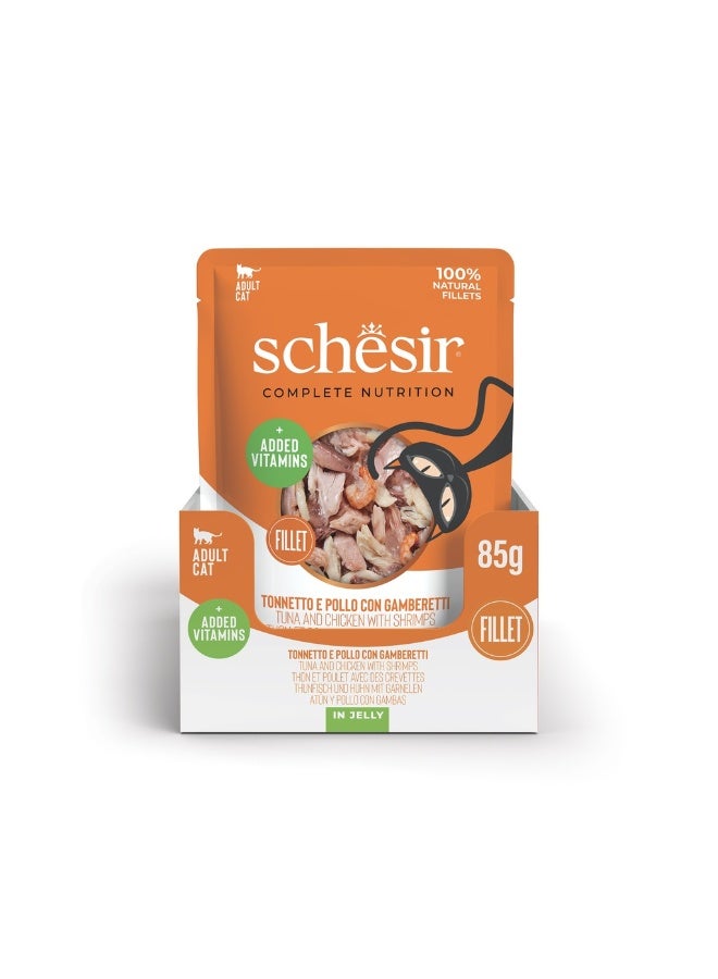 شيسر شيسير، طعام قطط رطب متكامل ومتوازن التغذية في كيس جيلي - تونة ودجاج مع روبيان 85 غرام - Image 1