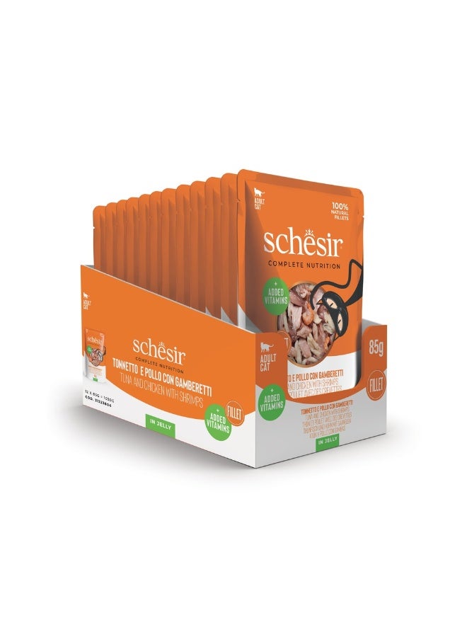 شيسر شيسير، طعام قطط رطب متكامل ومتوازن التغذية في كيس جيلي - تونة ودجاج مع روبيان 85 غرام - Image 2