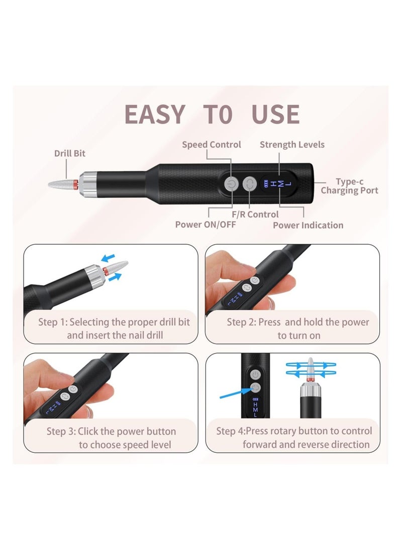 Cordless Electric Nail Drill,Rechargeable Efile Nail File Machine, Portable Polisher Manicure Pedicure Black - Image 4