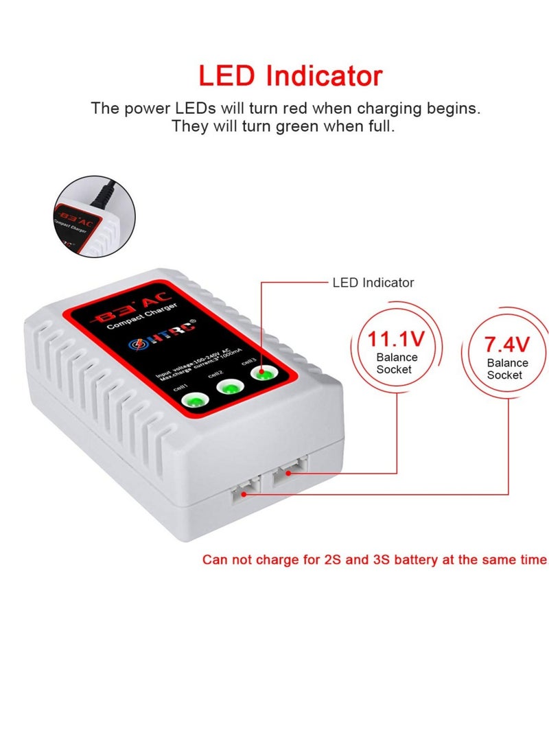 LiPo Battery Charger, RC Car Charger, 2S & 3S Balance Charger, B3AC Compact RC Charger, RC Hobby Battery Balance Charger, for 7.4-11.1V LiPo Batteries(White)
