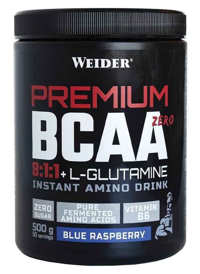 Weider Premium BCAA Zero 8:1:1 + L-Glutamine - Blue Raspberry 500g, High Leucine Ratio Amino Acid Supplement  - Image 1