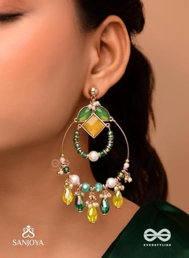 SANJOYA by EVERSTYLISH Embroidered Hoop Earrings for Women | Statement Golden Embellished Earrings with Beads & Glass Drops | Lightweight traditional Jewelry - Image 3