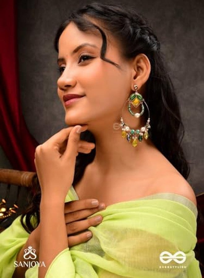 SANJOYA by EVERSTYLISH Embroidered Hoop Earrings for Women | Statement Golden Embellished Earrings with Beads & Glass Drops | Lightweight traditional Jewelry - Image 4