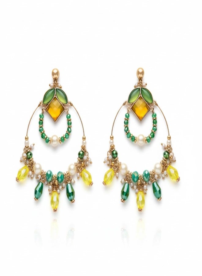 SANJOYA by EVERSTYLISH Embroidered Hoop Earrings for Women | Statement Golden Embellished Earrings with Beads & Glass Drops | Lightweight traditional Jewelry - Image 2