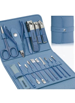 Leipple Manicure Set Professional Nail Clippers Pedicure Kit, 16 pcs Stainless Steel Nail Care Tools Grooming Kit with Luxurious Travel Leather Case for Thick Nails Men Women Gift (Blue) 