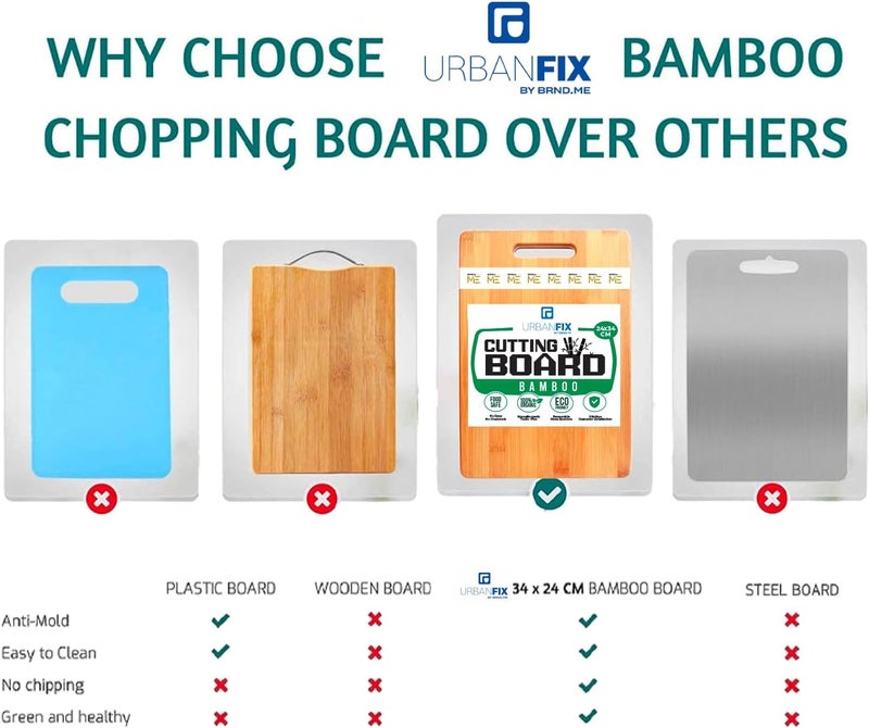 URBANFIX لوح تقطيع طبيعي كبير من الخيزران للمطبخ للخضروات والفواكه والجبن، خالي من مادة BPA، صديق للبيئة، مقاوم للميكروبات، متين وسهل التنظيف (34 × 24 سم) - Image 5
