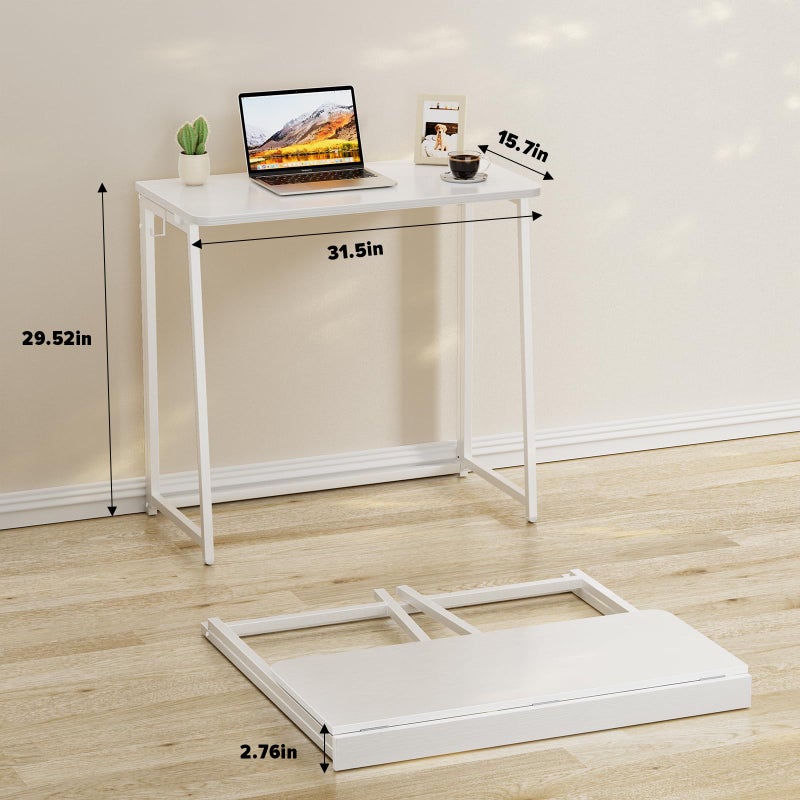 WOHOMO Folding Desk, 31.5" Small Desk for Small Spaces, Easy Assemble Foldable Computer Desk for Laptop, Mini Portable Working Table Narrow Wooden Writing Workstation for Home Office, White - Image 2