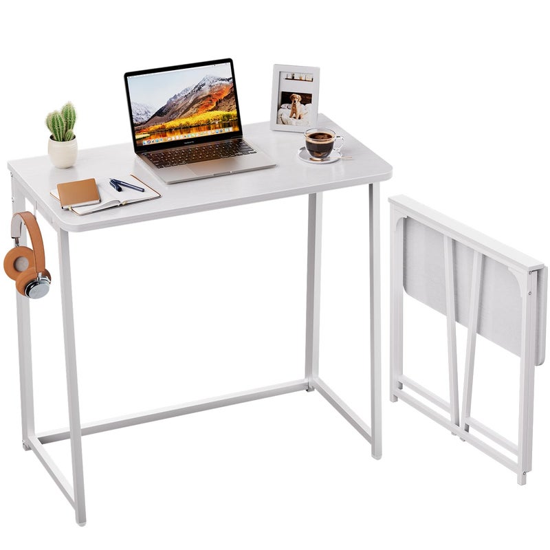 WOHOMO Folding Desk, 31.5" Small Desk for Small Spaces, Easy Assemble Foldable Computer Desk for Laptop, Mini Portable Working Table Narrow Wooden Writing Workstation for Home Office, White - Image 1