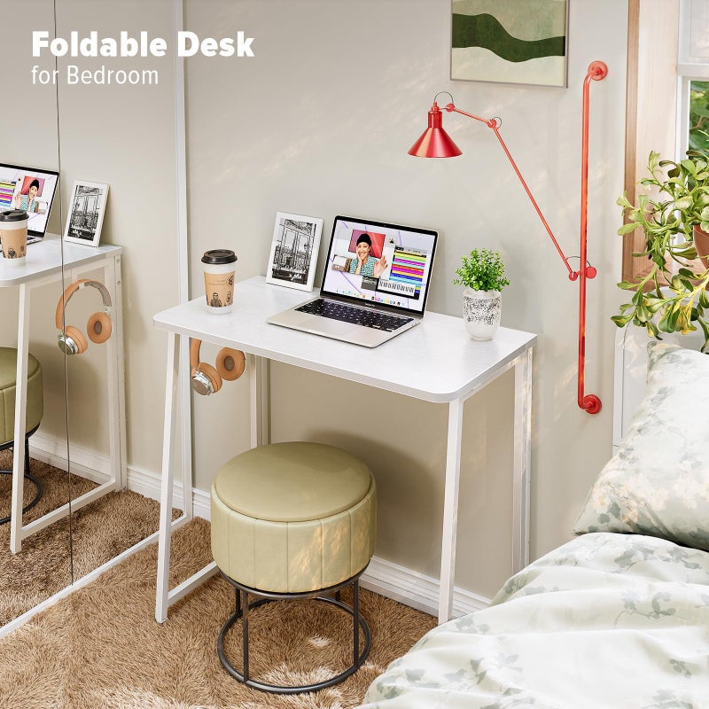 WOHOMO Folding Desk, 31.5" Small Desk for Small Spaces, Easy Assemble Foldable Computer Desk for Laptop, Mini Portable Working Table Narrow Wooden Writing Workstation for Home Office, White - Image 5