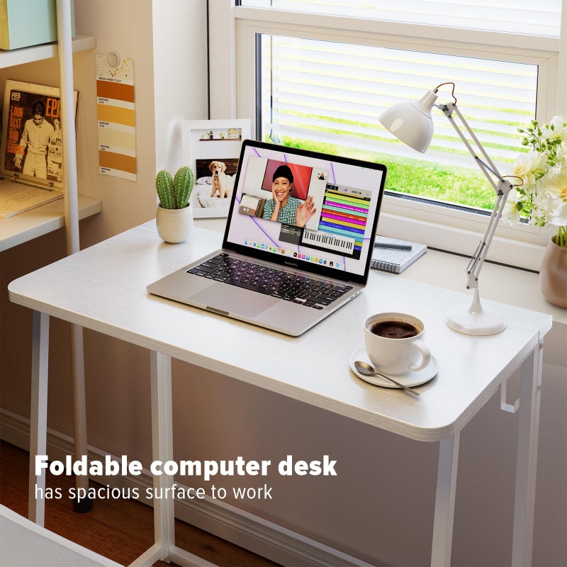 WOHOMO Folding Desk, 31.5" Small Desk for Small Spaces, Easy Assemble Foldable Computer Desk for Laptop, Mini Portable Working Table Narrow Wooden Writing Workstation for Home Office, White - Image 3