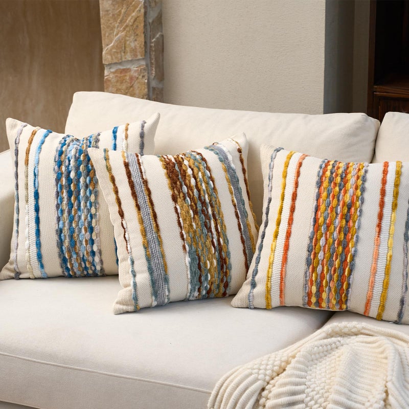 Aeckself Boho Pillow Covers 18x18 Inch Set of 2, Farmhouse Decorative Striped Square Chenille Tufted Accent Neutral Throw Pillow Covers for Living Room Couch Bed, Orange White - Image 4