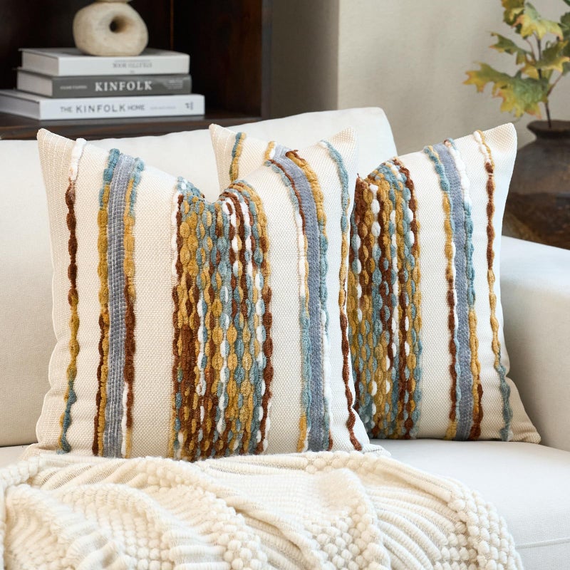 Aeckself Boho Pillow Covers 18x18 Inch Set of 2, Farmhouse Decorative Striped Square Chenille Tufted Accent Neutral Throw Pillow Covers for Living Room Couch Bed, Orange White - Image 1