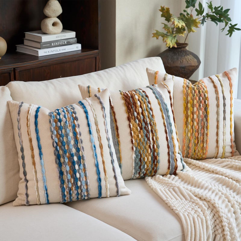Aeckself Boho Pillow Covers 18x18 Inch Set of 2, Farmhouse Decorative Striped Square Chenille Tufted Accent Neutral Throw Pillow Covers for Living Room Couch Bed, Orange White - Image 5