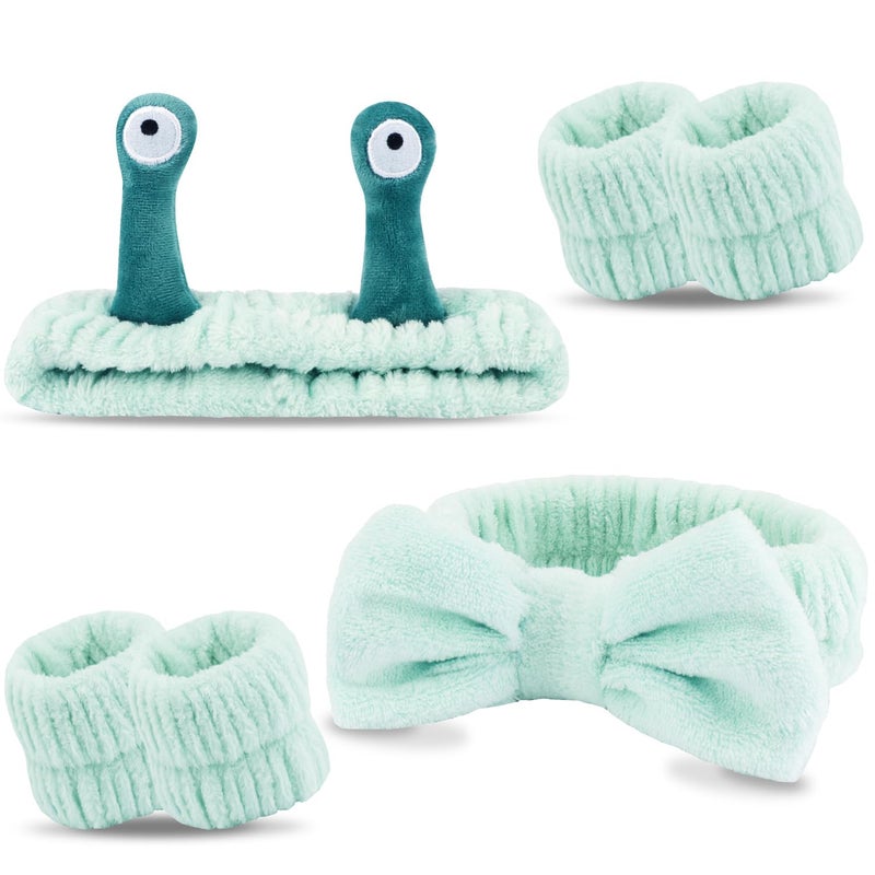 Spa Headband and Wristband Set Skincare Headband Makeup Headband Bowknot Snail Headbands Wrist Bands for Washing Face Cute Animal Face Wash Headband for Women Girls Green