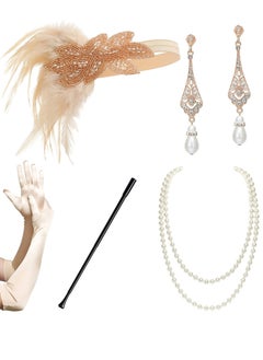 1920s Prom Theme Party Costume Accessory Set, Ladies Baffle Feather Hairband Headband Pearl Necklace Gloves Plastic Holder