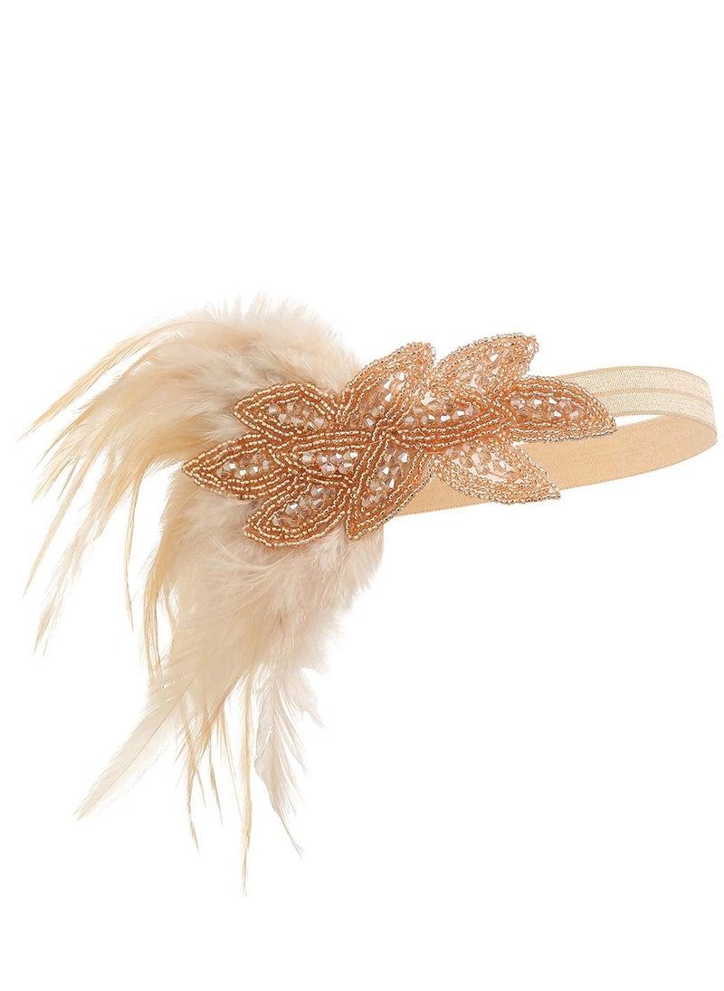 Y&D - 1920s Prom Theme Party Costume Accessory Set, Ladies Baffle Feather Hairband Headband Pearl Necklace Gloves Plastic Holder - Image 1
