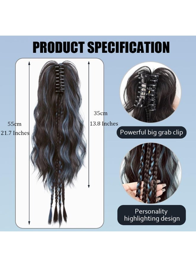 باروكة ذيل حصان مضفرة زرقاء، مشبك مخلب لشعر ذيل حصان مرتفع، قطعة شعر مضفرة طويلة مع خصلات ملونة للنساء - Image 2