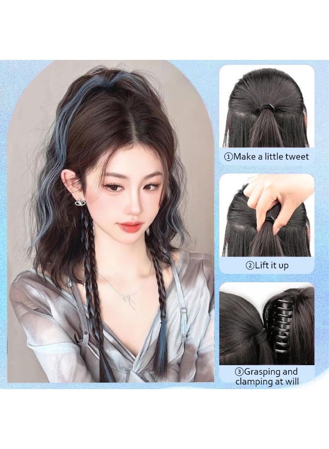 باروكة ذيل حصان مضفرة زرقاء، مشبك مخلب لشعر ذيل حصان مرتفع، قطعة شعر مضفرة طويلة مع خصلات ملونة للنساء - Image 3