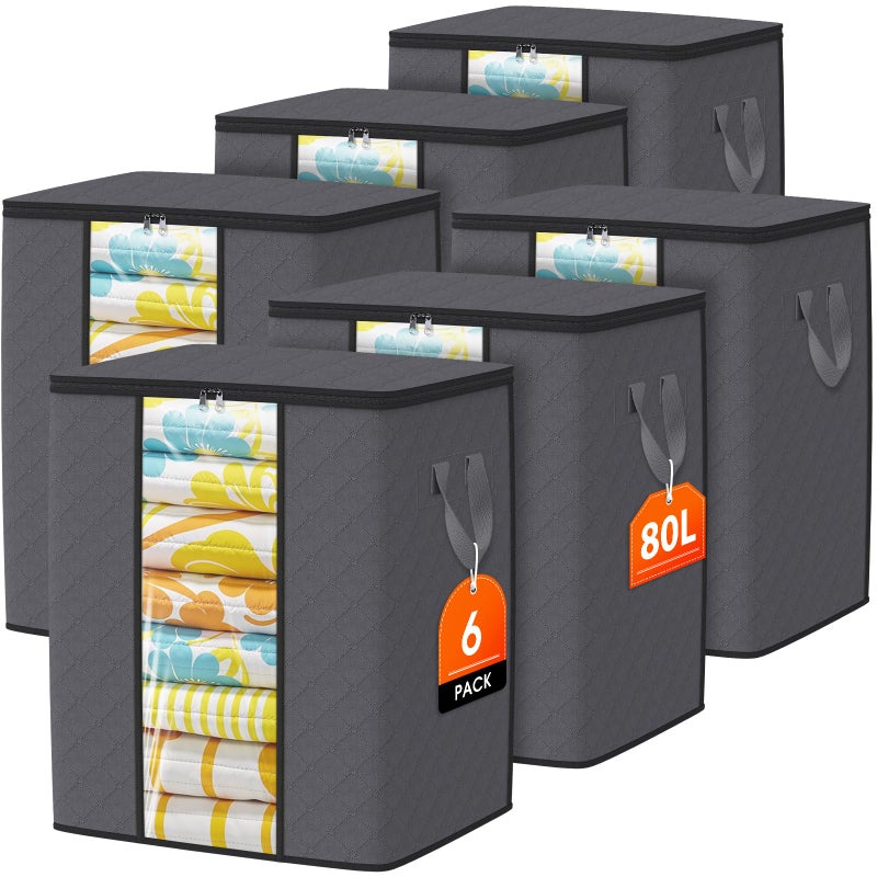 SpaceTrove Clothes Storage Bags, 6-Pack Comforter Blanket Organizers, 80L Large Capacity Containers with Visual Window for Clothing, Quilt, Sheet, Pillow, Closet Organization for Bedding (Grey) - Image 1