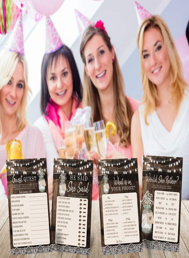 Your Main Event Prints Bridal Shower Bachelorette Games, Rustic Wood Barrel Mason Jar, He Said She Said, Find The Guest Quest, Would She Rather, Phone Game, 25 games each - Image 4