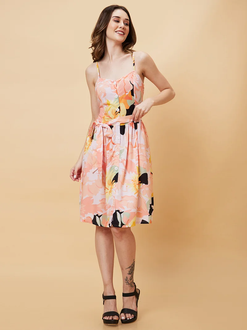 globus Globus Women White & Peach-Coloured Floral Print A-Line Dress
