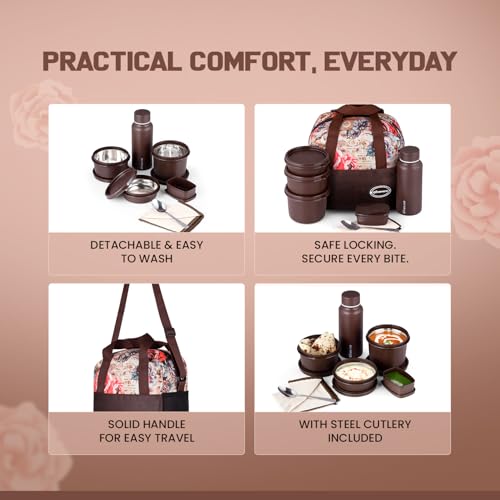 SOPL-OLIVEWARE oliveware Marina Lunch Box | 3 Stainless Steel Microwave-Safe Containers (290ml, 450ml, 600ml) + 130ml Pickle Box + 500ml Steel Bottle + 1 Napkin + 1 Steel Spoon | Premium Carry Bag (Light Brown) - Image 5