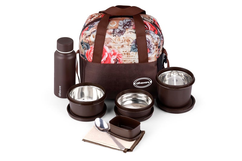 SOPL-OLIVEWARE oliveware Marina Lunch Box | 3 Stainless Steel Microwave-Safe Containers (290ml, 450ml, 600ml) + 130ml Pickle Box + 500ml Steel Bottle + 1 Napkin + 1 Steel Spoon | Premium Carry Bag (Light Brown) - Image 1