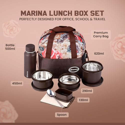 SOPL-OLIVEWARE oliveware Marina Lunch Box | 3 Stainless Steel Microwave-Safe Containers (290ml, 450ml, 600ml) + 130ml Pickle Box + 500ml Steel Bottle + 1 Napkin + 1 Steel Spoon | Premium Carry Bag (Light Brown) - Image 2