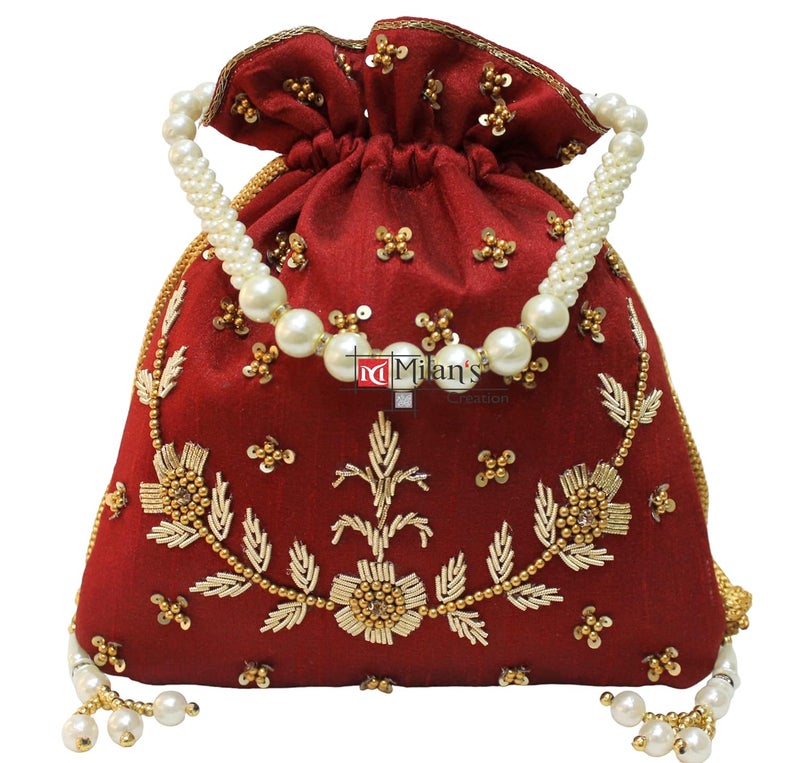 MILAN'S CREATION : Pearl & Zardosi Potli Bag Hand Embroidery Drawstring Potli Women's Handbag Purse With Pearl Handle & Tassel Purse - Image 1