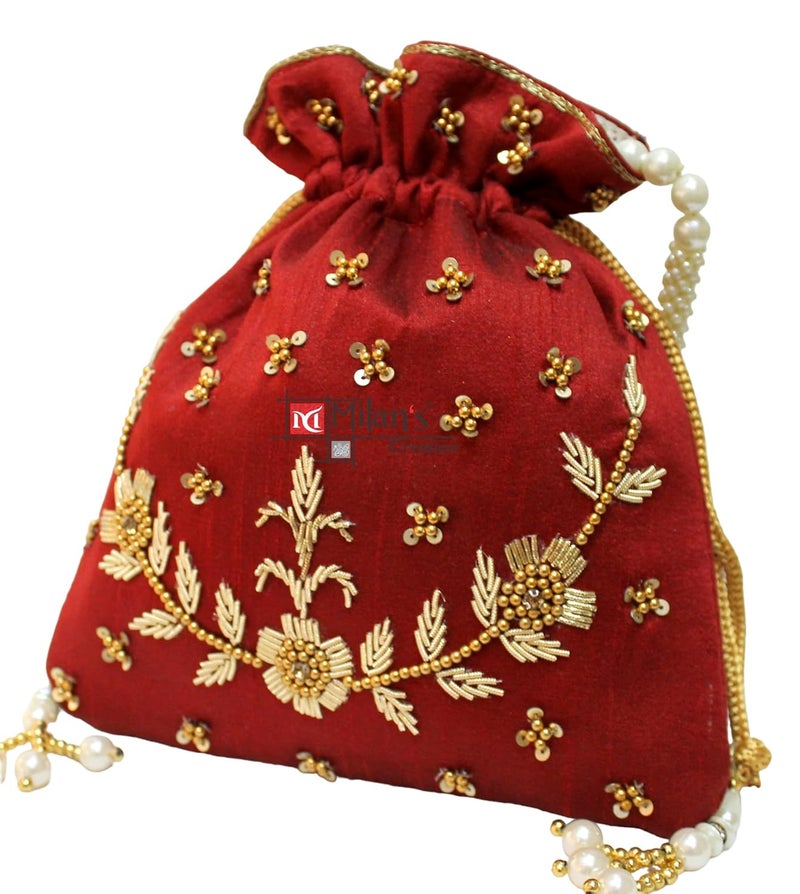 MILAN'S CREATION : Pearl & Zardosi Potli Bag Hand Embroidery Drawstring Potli Women's Handbag Purse With Pearl Handle & Tassel Purse - Image 2