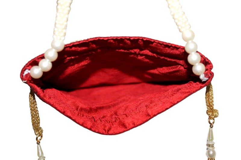MILAN'S CREATION : Pearl & Zardosi Potli Bag Hand Embroidery Drawstring Potli Women's Handbag Purse With Pearl Handle & Tassel Purse - Image 5