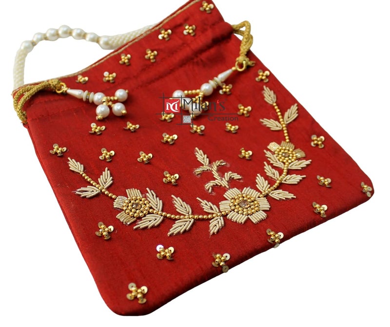 MILAN'S CREATION : Pearl & Zardosi Potli Bag Hand Embroidery Drawstring Potli Women's Handbag Purse With Pearl Handle & Tassel Purse - Image 4