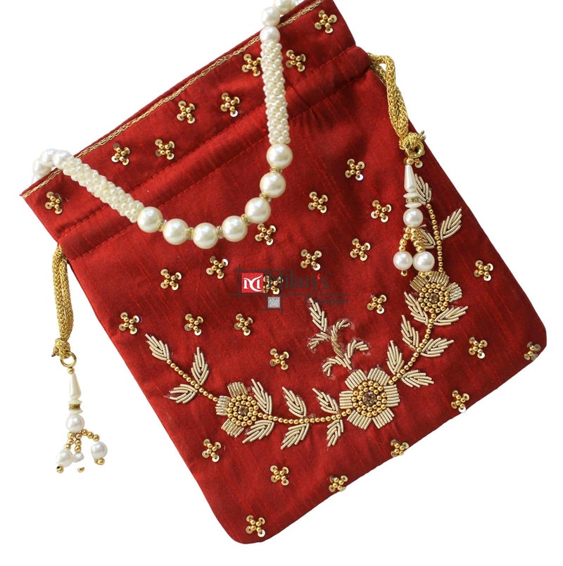 MILAN'S CREATION : Pearl & Zardosi Potli Bag Hand Embroidery Drawstring Potli Women's Handbag Purse With Pearl Handle & Tassel Purse - Image 3