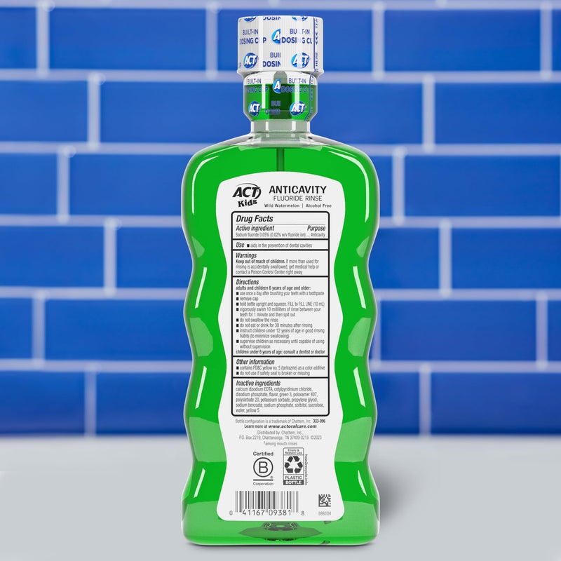 ACT Kids Anticavity Fluoride Rinse Wild Watermelon 16.9 fl. oz. Accurate Dosing Cup, Alcohol Free - Image 2