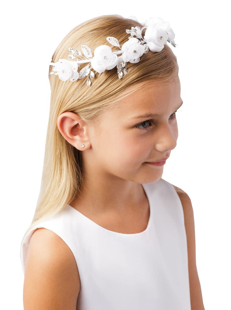 Girls White Pearl Rhinestone Center Floral Crown First Communion Flower Girl Head Wreath with Veil 782