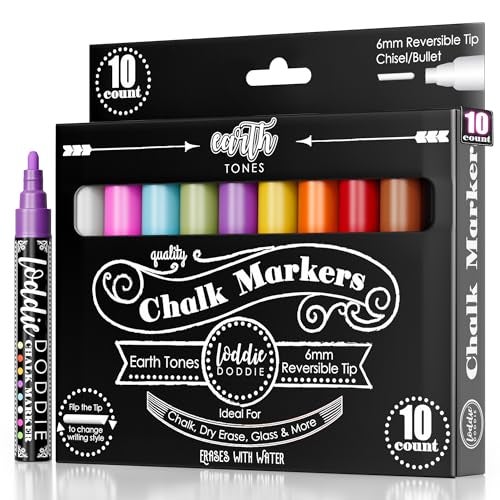 Loddie Doddie Chalk Markers for Blackboard & Windows - 10 Count Earth Tones 6mm Chisel & Bullet Tip - Smudge-Proof Erasable Liquid Chalk Pens with Reversible Tips - Image 1