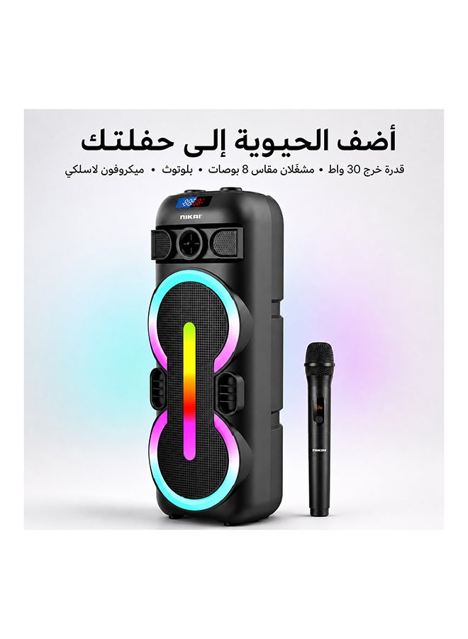 نيكاي مكبرات صوت متعددة الوسائط للحفلات قابلة للشحن، 30 واط مع 2x 8 بوصة سوب ووفر، بلوتوث، بطارية 3600 مللي أمبير مع ميكروفون لاسلكي مجاني واحد، ضمان لمدة سنتين - NPRTY80030 أسود - Image 1