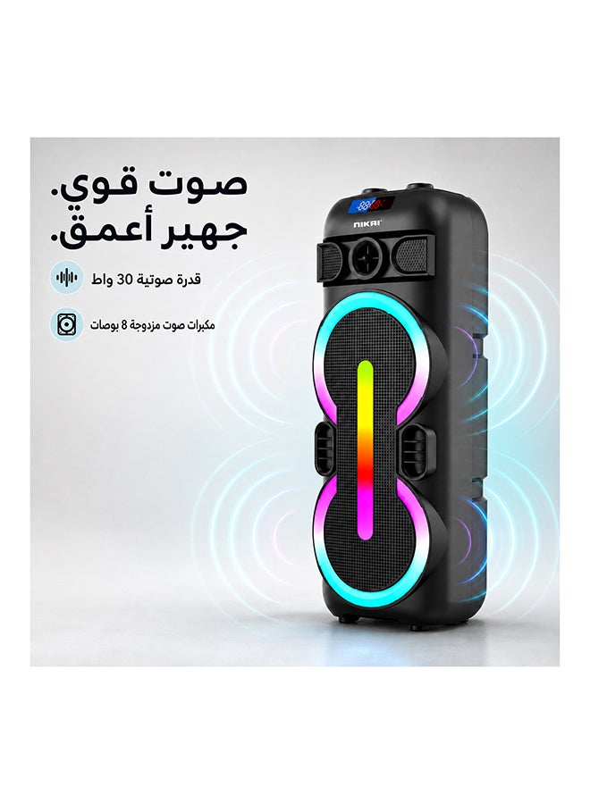 نيكاي مكبرات صوت متعددة الوسائط للحفلات قابلة للشحن، 30 واط مع 2x 8 بوصة سوب ووفر، بلوتوث، بطارية 3600 مللي أمبير مع ميكروفون لاسلكي مجاني واحد، ضمان لمدة سنتين - NPRTY80030 أسود - Image 2