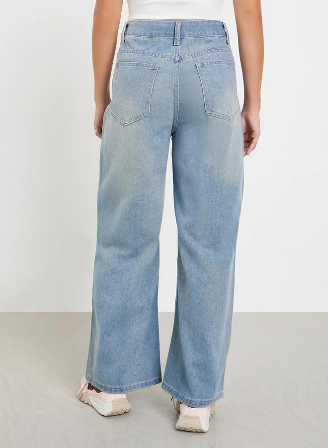Styli Medium Blue High Rise Wide Leg Faded Jeans for Women | Best Price UAE
