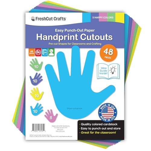 FreshCut Crafts 48 Piece Handprint Happy Cutouts with IDEA Guide, US Made 2-Sided Brightly Colored Card Stock Punch Out Handprint Paper Accents for Bulletin Boards, Classroom Decor, Back to School & DIY Crafting - Image 1