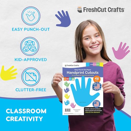FreshCut Crafts 48 Piece Handprint Happy Cutouts with IDEA Guide, US Made 2-Sided Brightly Colored Card Stock Punch Out Handprint Paper Accents for Bulletin Boards, Classroom Decor, Back to School & DIY Crafting - Image 5