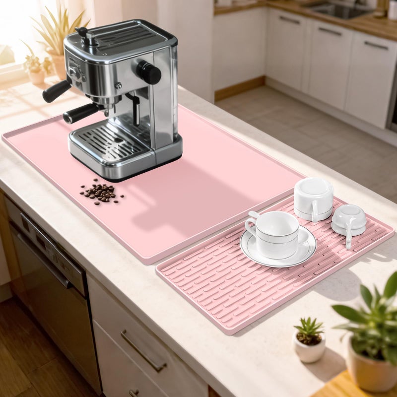 Rnivvi Silicone Coffee Mat Set, 16" x 24" Waterproof Raised Edge Coffee Bar Mats for Espresso Machine Station Accessories, Heat Resistant Detachable Dish Drying Pad for Kitchen Counter, Pink - Image 1