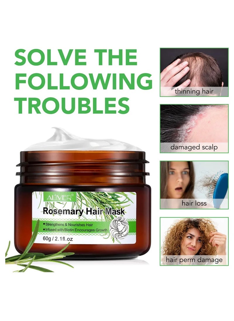 ALIVER - Rosemary Hair Mask Infused with Biotin Rosemary Strengthening Hair Masque Deep Conditioner for Dry Damaged and Frizzy Hair Strengthens and Nourishes Hair Natural Organics Rosemary Mint Hair Mask 60g - Image 1