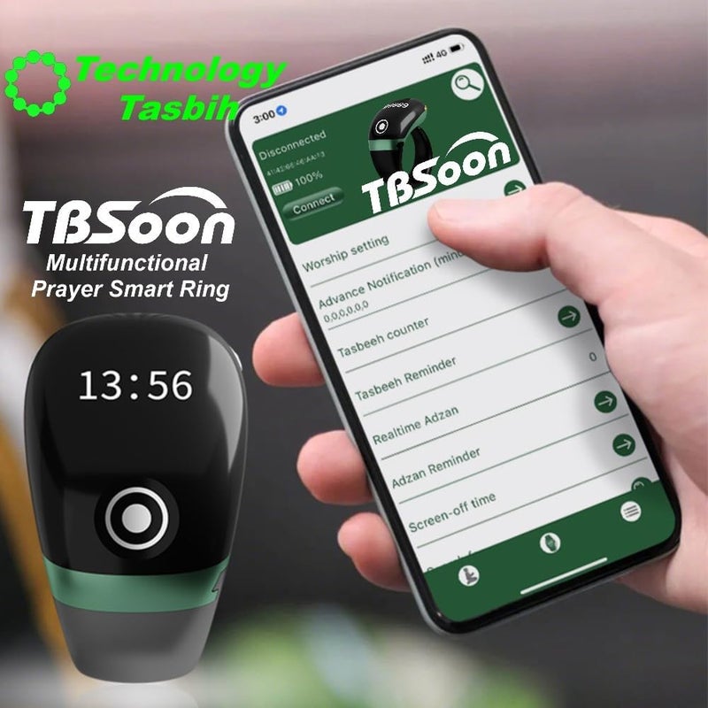 تي بي سون خاتم تسبيح ذكي خفيف الوزن، عدادات تسبيح، دليل اتجاه القبلة للصلاة، منبه أذان 5 مرات، استغفار، مسبحة إلكترونية، هدية عيد الفطر وعيد الأضحى ورمضان للرجال والنساء - أخضر برو مع تطبيق - Image 4