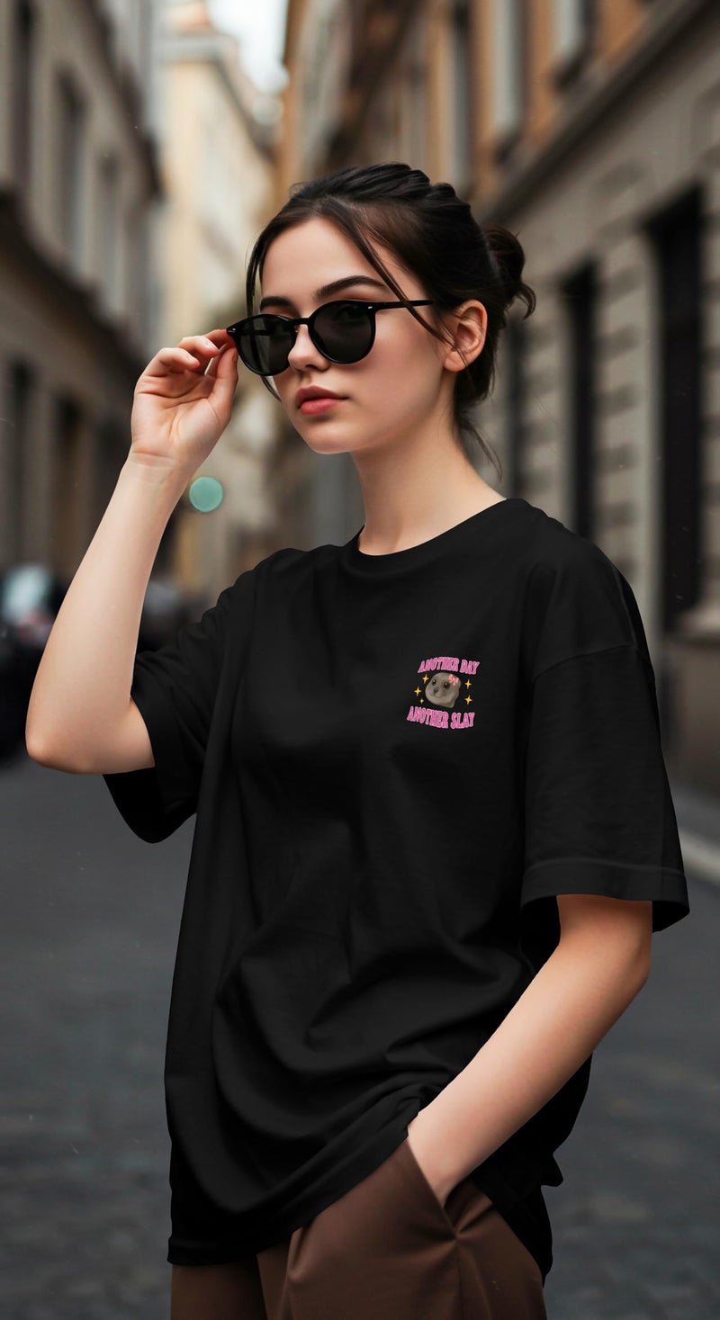 Dagcros Another Day, Another Slay” Cute Seal Meme Oversized T-Shirt – Funny & Fierce Graphic Tee for Girls & Teens – Sassy Animal Lover Shirt Black - Image 5