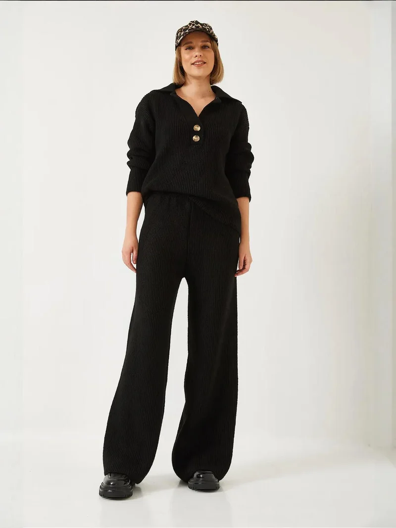 Bianco Lucci Black LUCCI High Waist Wide Leg Two-Piece Coord Set with Shirt Collar for Women | Best Price UAE