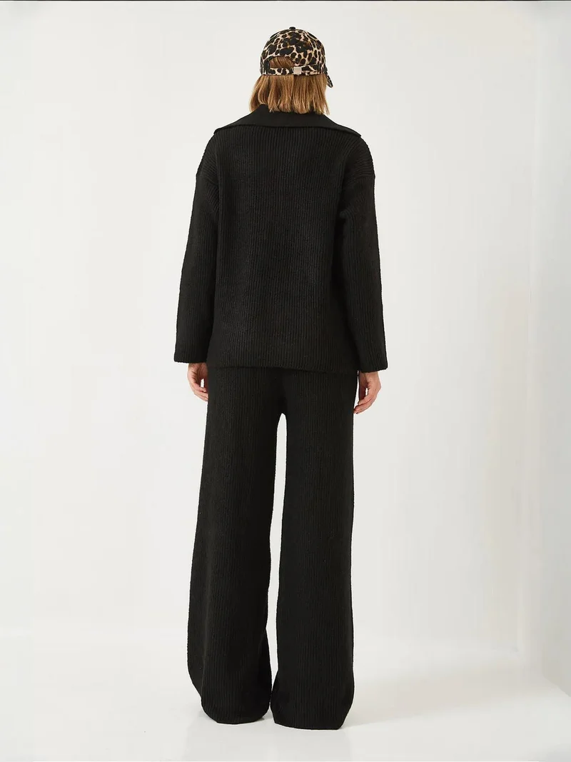 Bianco Lucci Black LUCCI High Waist Wide Leg Two-Piece Coord Set with Shirt Collar for Women | Best Price UAE