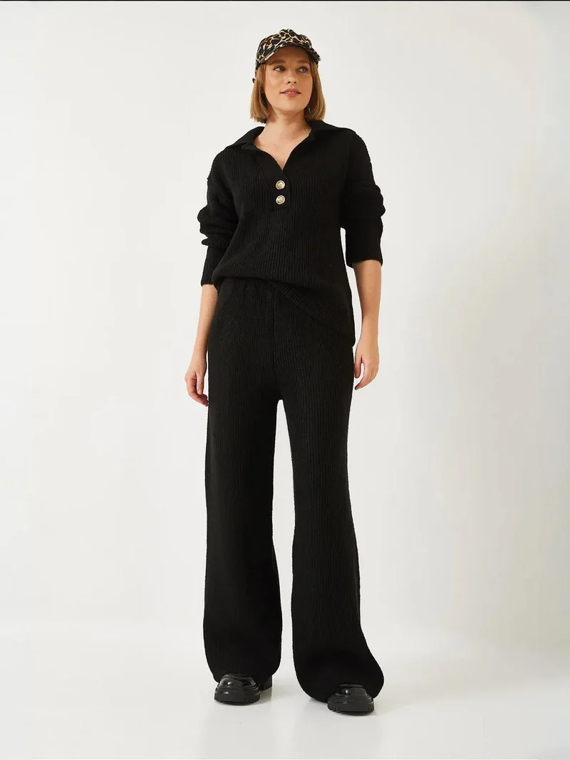 Bianco Lucci LUCCI High Waist Wide Leg Two-Piece Coord Set with Shirt Collar